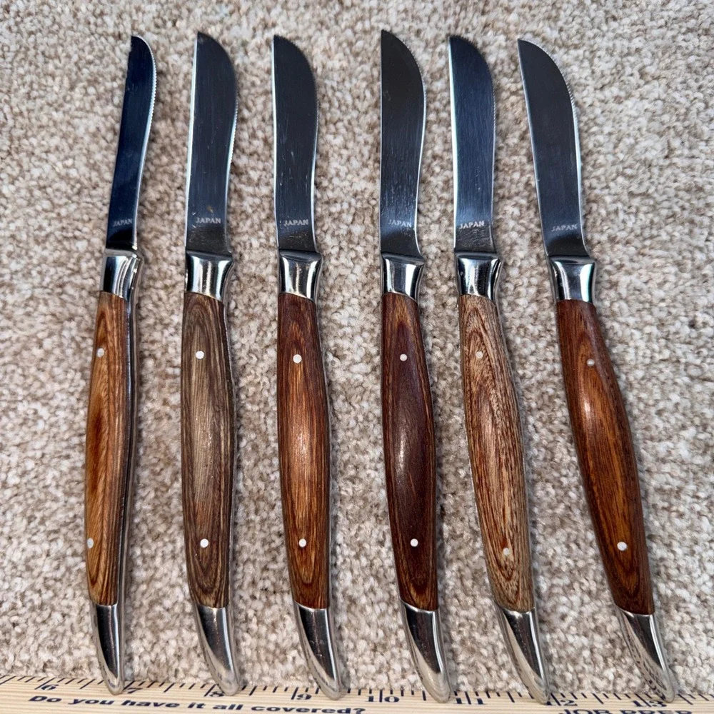 Vintage Hull Stainless Steak Knife Set 6pc Faux Wood Grain Handles Japan Case